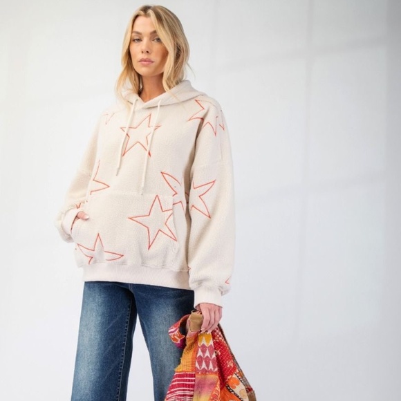 NEW EASEL STARFISH STAR SHERPA COZY HOODIE SWEATSHIRT KANGAROO POCKET PULLOVER - Picture 2 of 6